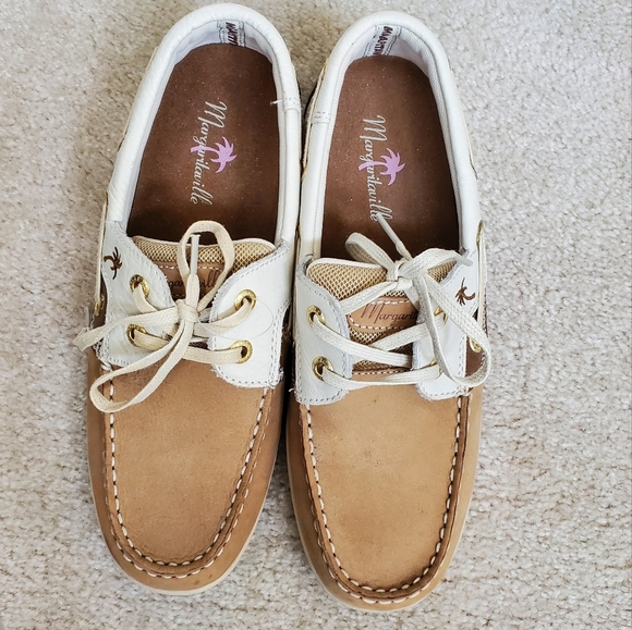 Margaritaville Womens Tan and White Boat Shoes with Moccasin Stitching. Size 8 - Picture 1 of 11